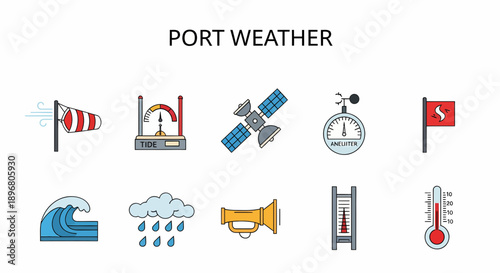 A collection of ten vector icons illustrating port weather conditions and instruments