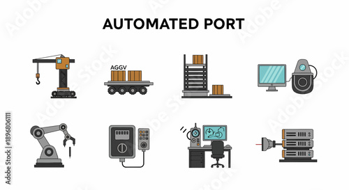 Eight icons illustrating components of an automated port system on a white background