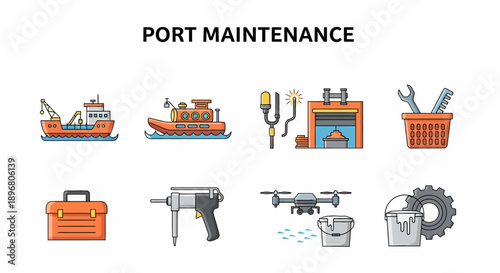 Eight icons illustrating various aspects of port maintenance activities on a white background