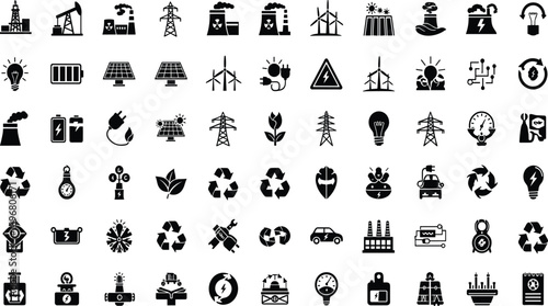 Energy icons collection with solar panels, wind turbines, oil rigs, electric vehicles, batteries, recycling, power plants, eco symbols, sustainability, electricity, environmental technology