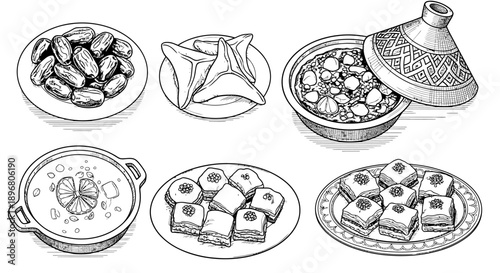 Arabic Food Collection Line Art Illustration of Ramadhan Iftar Dishes with Dates Tajine and Baklava Sketch Set