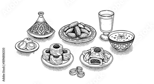 Traditional Ramadan Iftar Food Set with Tajine and Dates Hand Drawn Sketch Illustration
