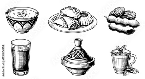 Ramadhan Iftar Food and Drinks Hand-Drawn Sketch Set - Traditional Middle Eastern Cuisine Elements