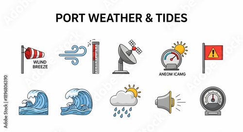 Icons illustrating port weather conditions and tide measurements in two rows