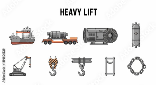 Illustration of heavy lift equipment and cargo text reads HEAVY LIFT