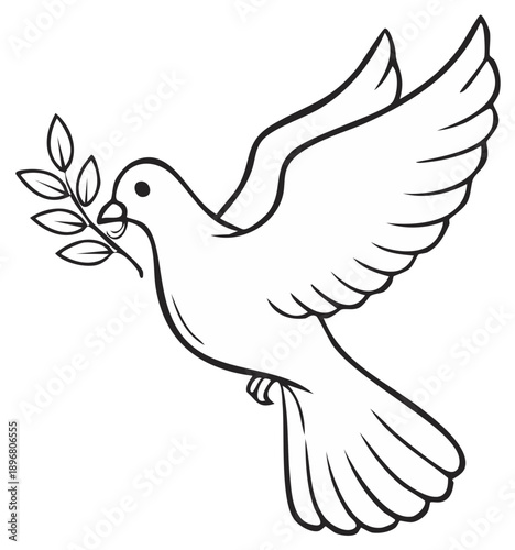 White dove carrying olive branch in flight, a symbolic illustration of peace, freedom, hope and new beginnings