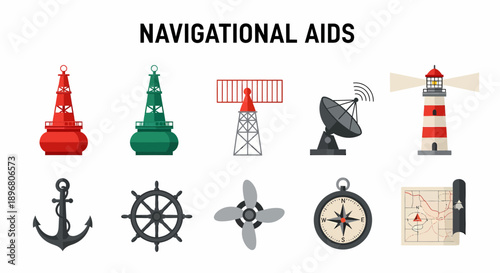 Illustration of various maritime navigational aids and related equipment icons