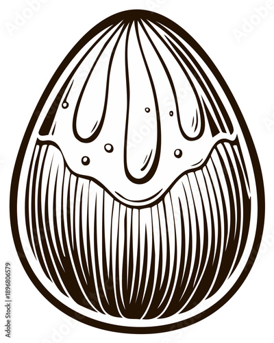 Ink illustration of an abstract egg shape with a detailed hatched pattern