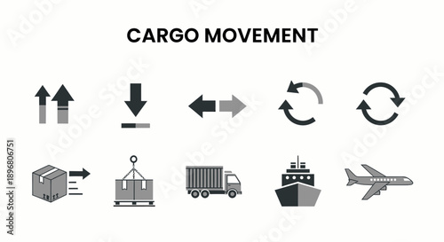 Set of icons illustrating various cargo movement and logistics concepts