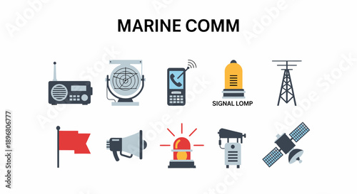 Slide titled MARINE COMM displaying ten distinct icons related to maritime communication equipment