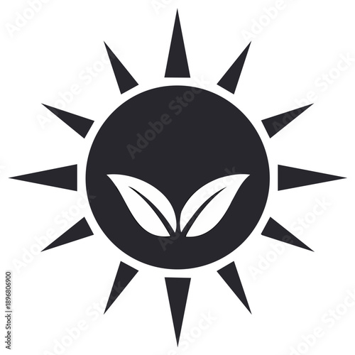 Eco friendly sun with green leaves symbol representing clean energy and growth