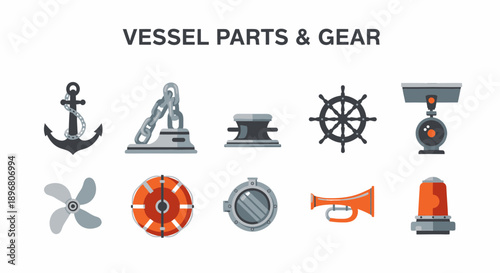 Ten nautical equipment icons arranged in two rows under a Vessel Parts  Gear title