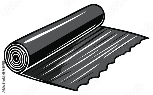 Dark gray rolled material unrolling with a wavy edge graphic illustration