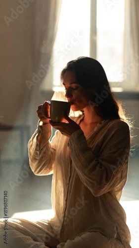 Wallpaper Mural Peaceful Young Woman Meditating with Cup of Steaming Coffee in Morning Sunlight Torontodigital.ca