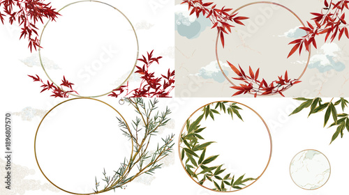 Traditional Chinese circular frames decorated with bamboo and red maple branches, elegant oriental border templates for Lunar New Year cards and festive designs.