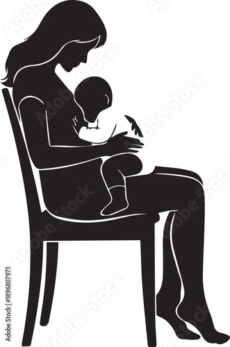 Black silhouette mother sitting on chair breastfeeding baby vector illustration for family wellness