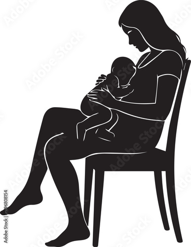 Mother breastfeeding baby on a chair vector illustration maternal care silhouetee isolated