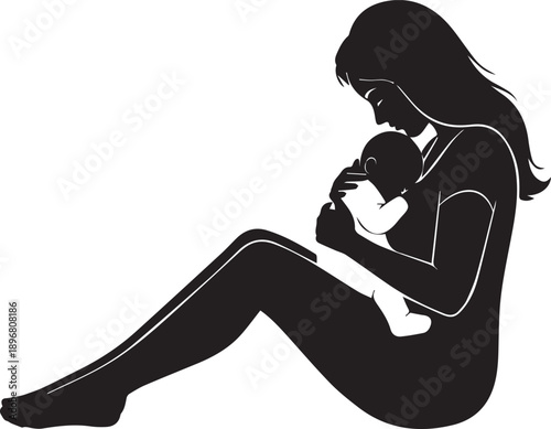 Mother holding baby sitting vector illustration, bonding with infant, family connection, tender embrace, parental care moments