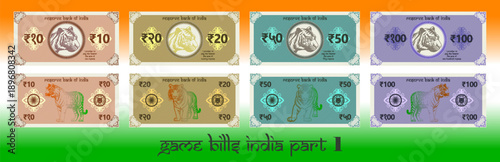Vector set of game banknotes in denominations of 10, 20, 50 and 100 rupees of Republic of India. Collection of obverse and reverse bills. Wild tiger. Indian gaming money. Part 1