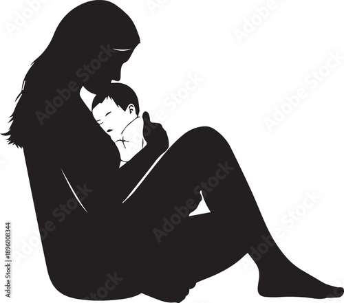 Silhouette woman sitting on ground holding sleeping infant vector illustration for nursery graphics