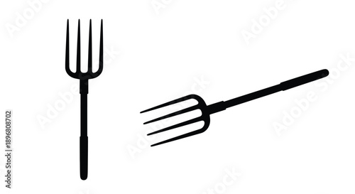 Two garden forks depicted in a stark black silhouette