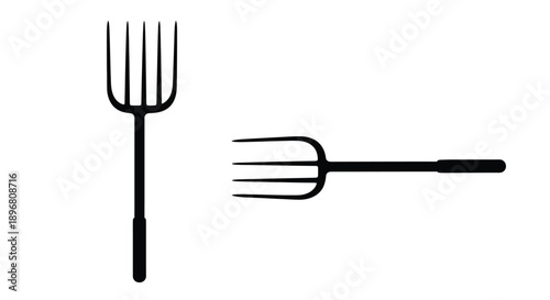 Two garden pitchforks are depicted in a stark black silhouette