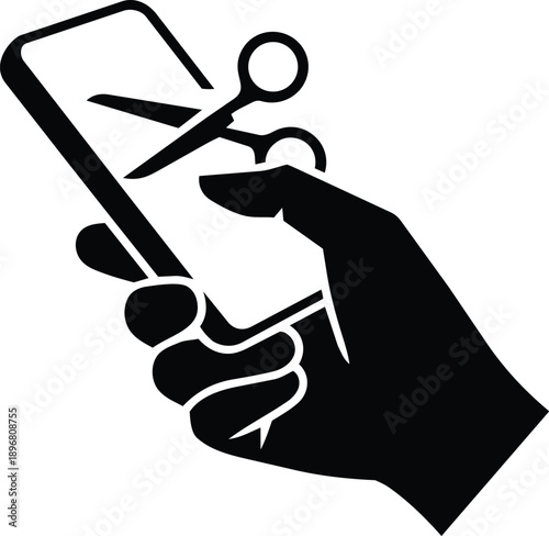 Hand holding tilted smartphone with scissors icon and finger touching screen mobile phone
