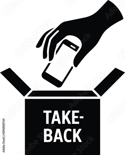 Hand placing smartphone into open box with text TAKE- BACK mobile phone