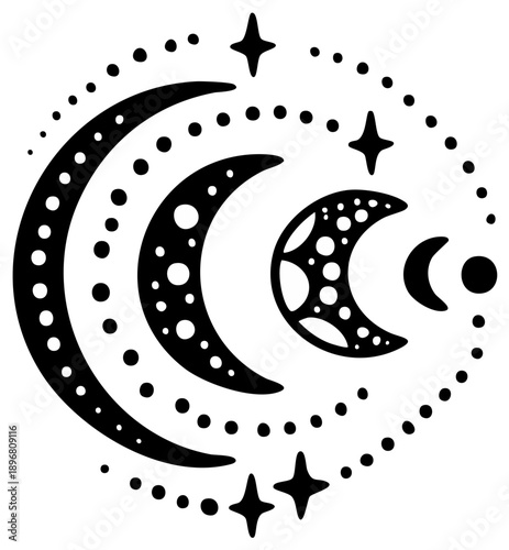 Decorative Crescent Moons and Stars Abstract Bohemian Cosmic Mystical Illustration