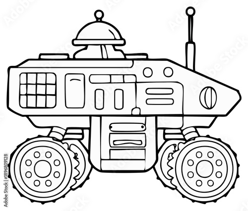 Simple line art illustration of a futuristic space rover vehicle for exploration