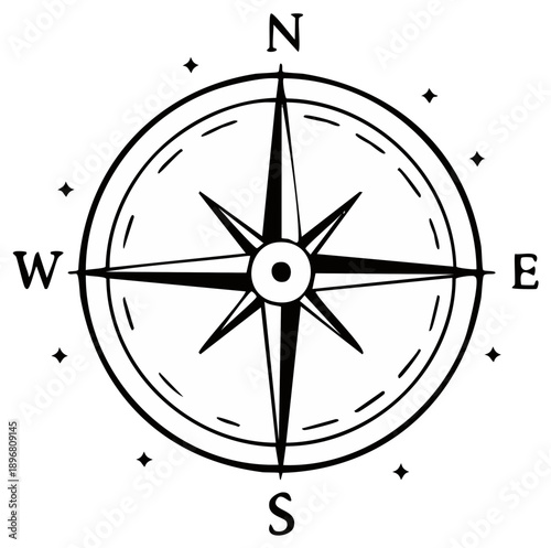 Elegant black line compass rose illustration pointing to North, South, East, West, and navigational direction