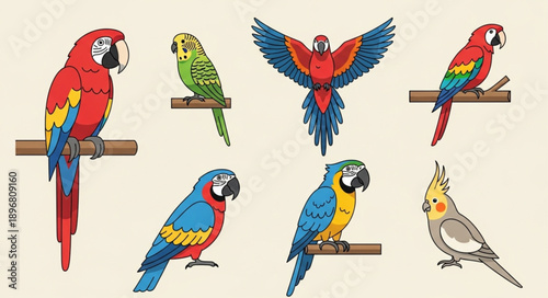 Collection of colorful parrots and parakeets perched on branches.