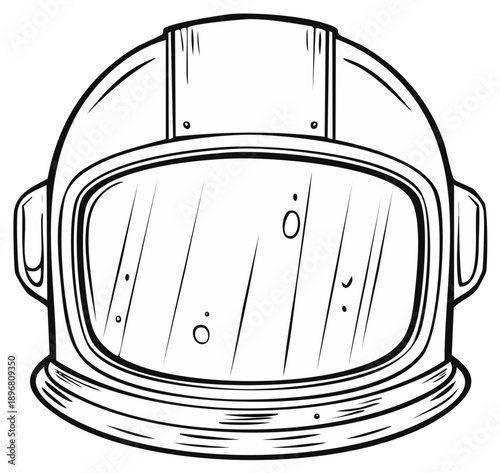 A stylized black and white illustration of an astronaut helmet with a wide visor and reflective surface