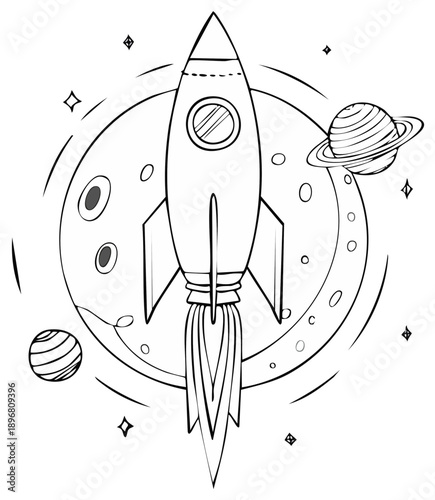 Retro rocket ship blasts off into space past planets and stars stylized drawing