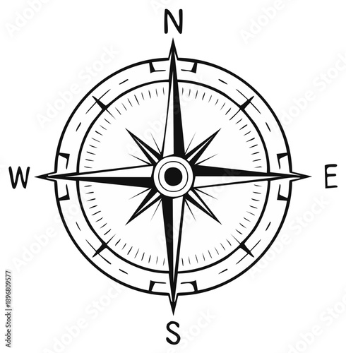 Black and white vector illustration of a detailed compass rose navigation tool.