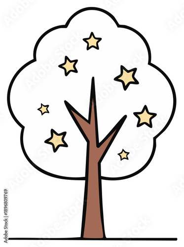 Whimsical cartoon tree with scattered stars instead of leaves illustration
