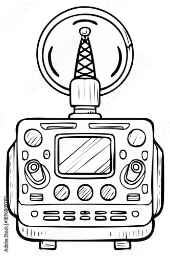 Retro radio communication device with antenna and display screen detailed illustration