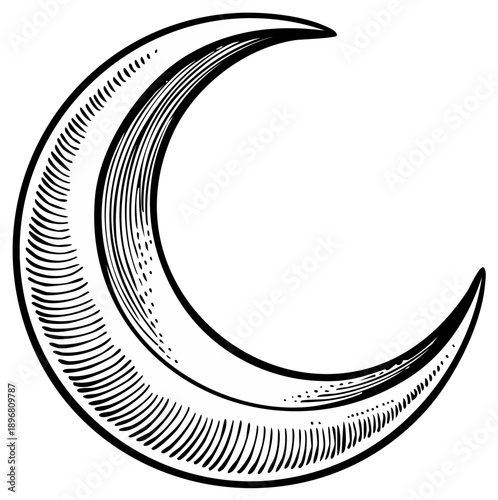 Vintage Crescent Moon illustration with cross-hatching shading style