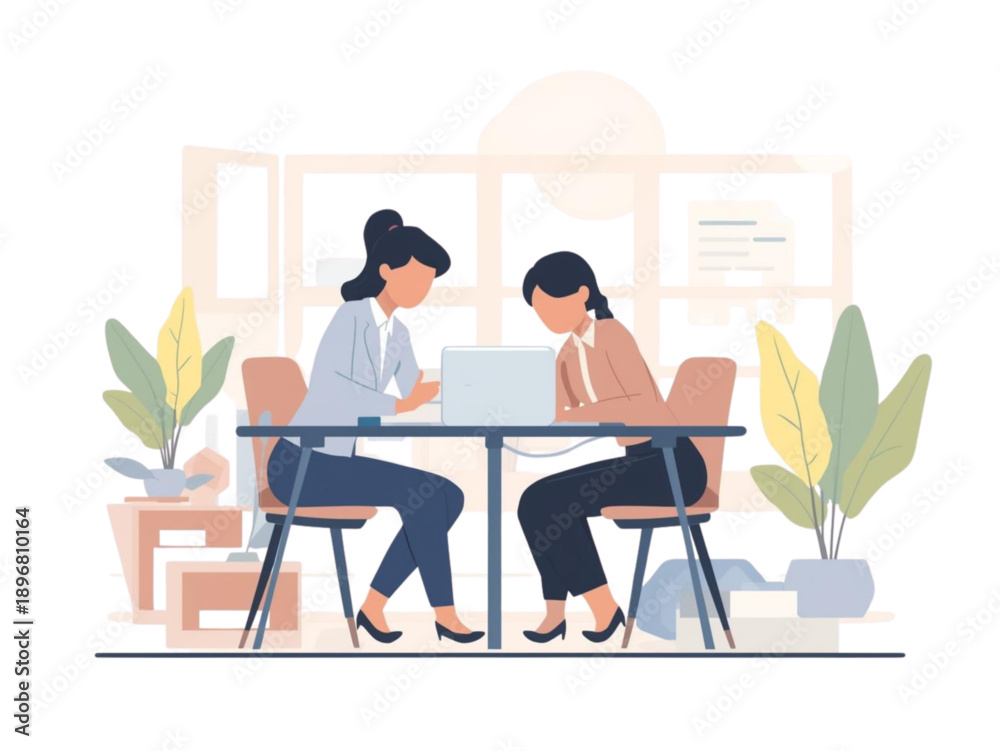 Fototapeta premium Two women collaborating at a desk with laptops, discussing work in a modern office setting