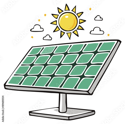 Cartoon solar panel generating clean energy from the sun with clouds. Sustainable concept.