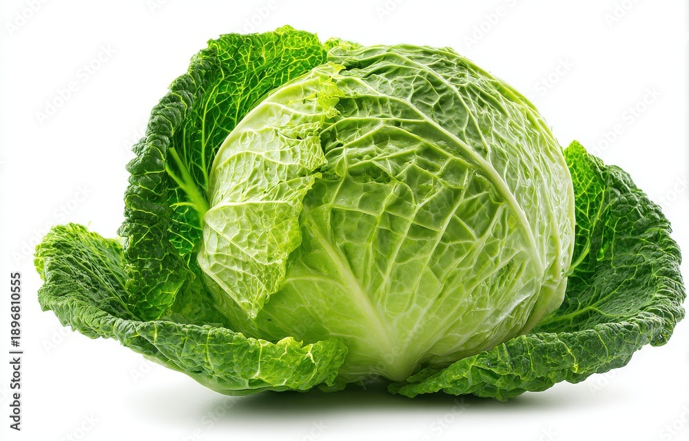 Fototapeta premium Fresh Green Savoy Cabbage With Water Droplets Isolated On White Background Studio Lighting