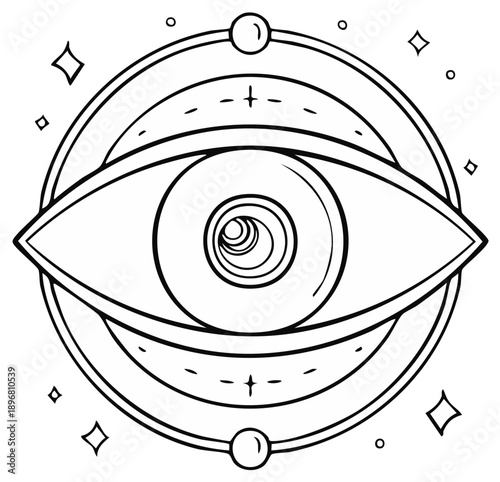 Mystical eye symbol with celestial elements and cosmic circles