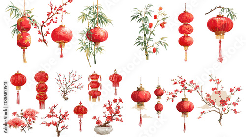 Collection of red Chinese lanterns with bamboo and plum blossoms in traditional oriental style, perfect for Lunar New Year celebration and festive decoration designs.