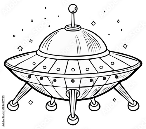 Retro Flying Saucer with Landing Gear and Space Stars