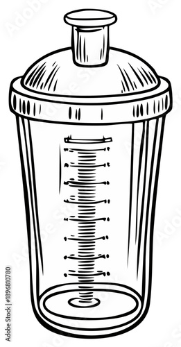 Black and white line art illustration of a protein shaker bottle with measuring scales for fitness drinks