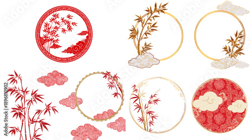 Elegant oriental frames with bamboo, plum blossoms and red sun elements in watercolor style, ideal for Asian themed invitations, greeting cards and festive backgrounds.