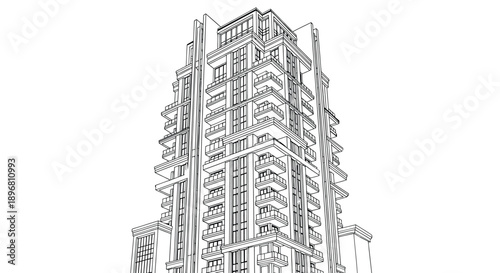 Line art drawing of a modern residential skyscraper facade and balconies