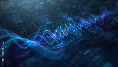 Blue and purple data waveform visualization with glowing grid and flowing mesh