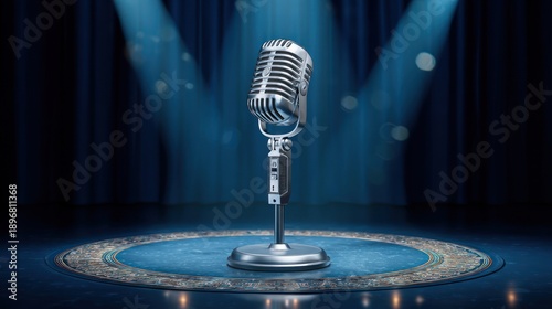 Close-up of retro microphone on a spotlighted stage with blue curtains