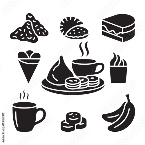 Assorted food icons featuring snacks, pastries, cake, ice cream, coffee, tea, cookies and bananas